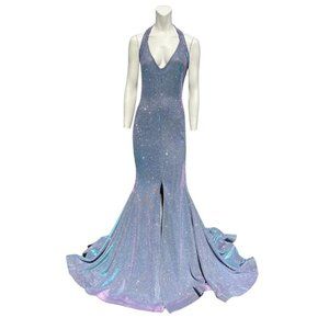 Jessica Angel Metallic Shimmer Halter Front Slit Gown Blue Size Medium NWT